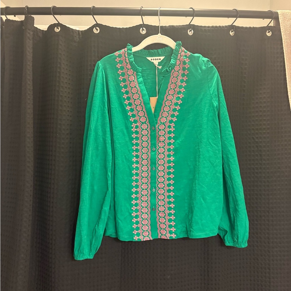 Boden Embroidered Frill Neck Top, Rich Emerald Size 14 NWT - Picture 5 of 8